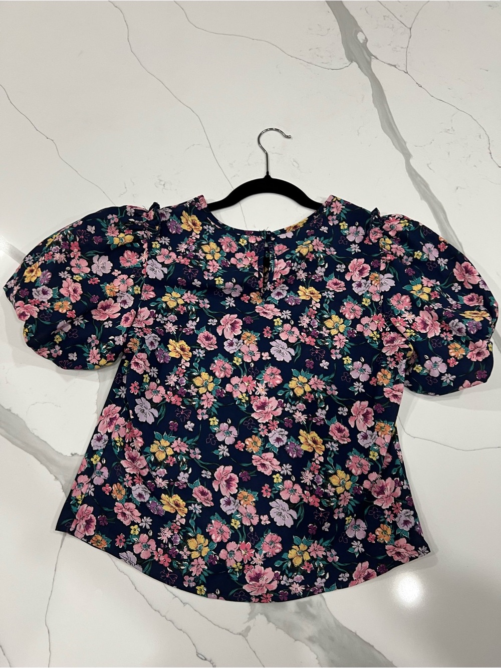Floral Puff-Sleeve Blouse in Navy with Pink & Yellow Blooms